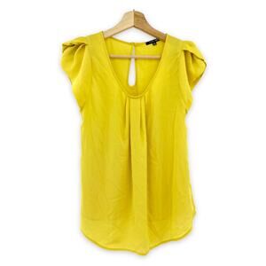 Papermoon MEDIUM Yellow Ruffle Blouse Top Shirt Pleated Short Sleeve Chiffon